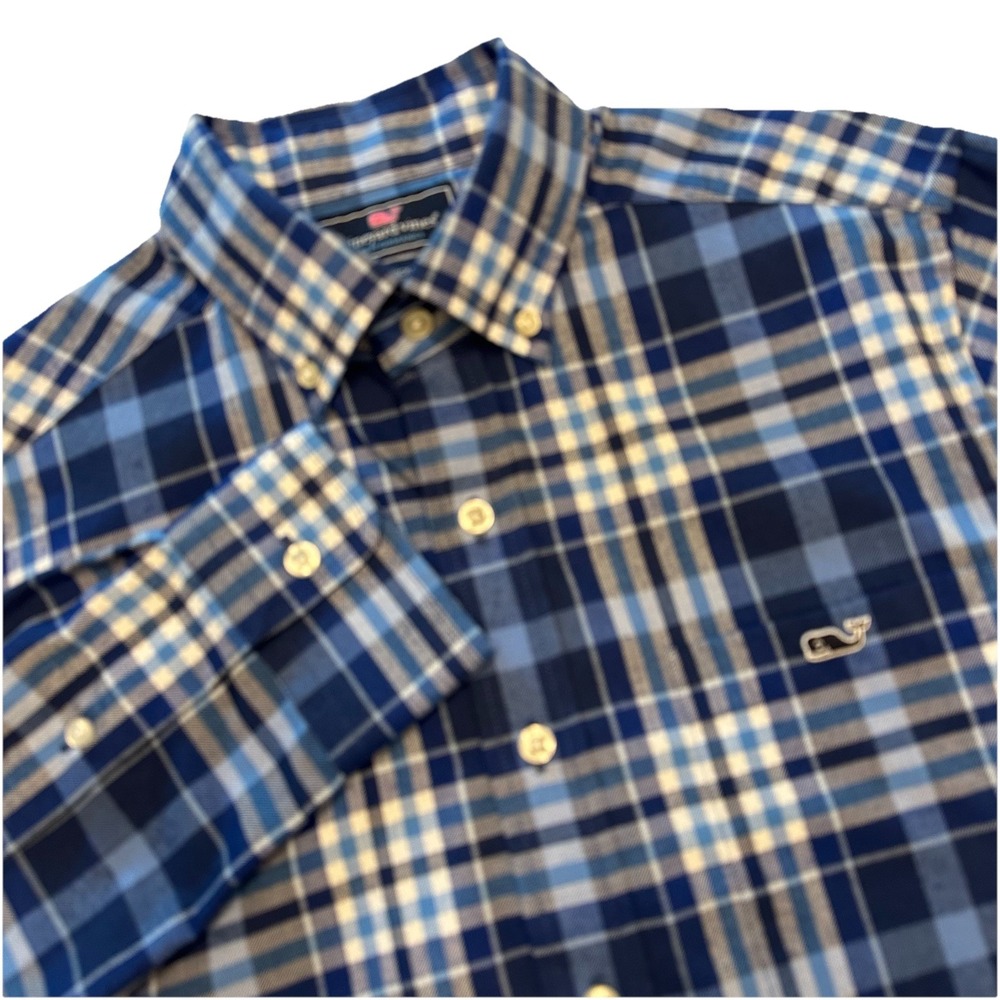 Vineyard Vines Performance Slim Fit Tucker Shirt Mens Small Blue Plaid Button Up